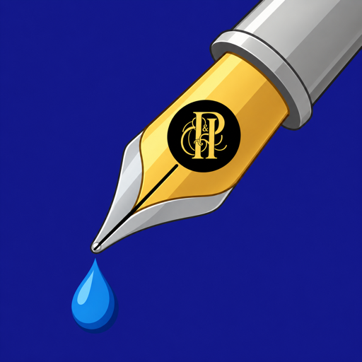 Icono de Pens & Inks: un plumín dorado con el monograma P&I y una gota de tinta